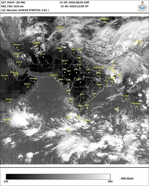 Infrared satellite image of May 13 afternoon showing clusters of thunderstorms in response to the approaching monsoon