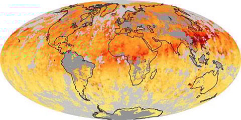 A NASA satellite image shows monthly averages of global concentrations of tropospheric carbon monoxide at an altitude of about 12,000 feet