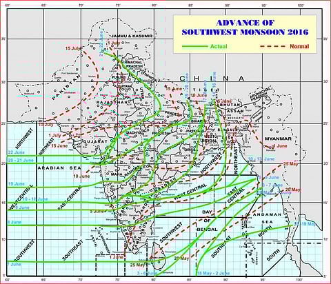 A map showing the progress of the monsoon this year