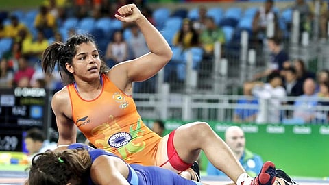 Sakshi Malik from Haryana won a bronze medal in women's wrestling 58kg category (Credit: Prasar Bharati/Twitter)