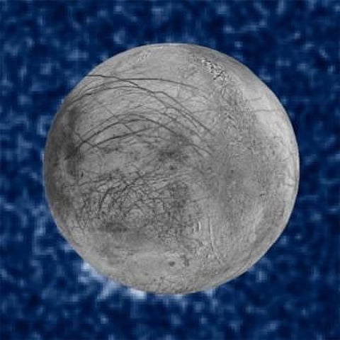 This composite image shows suspected plumes of water vapour erupting at the 7 o’clock position off the limb of Jupiter’s moon Europa. The plumes, photographed by NASA’s Hubble’s Space Telescope Imaging Spectrograph, were seen in silhouette as the moon passed in front of Jupiter. Hubble’s ultraviolet sensitivity allowed for the features—rising over 160 kilometres above Europa’s icy surface—to be discerned. The water is believed to come from a subsurface ocean on Europa 
Credits: NASA/ESA/W. Sparks (STScI)/USGS Astrogeology Science Center
