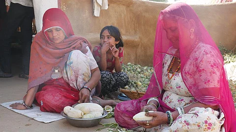 गोदारों की ढाणी (बीकानेर) में काचर और काकडिया काट रहीं महिलाएं। इन फलों को सुखाकर रखा जाएगा ताकि बाद में बाजार में बेचा जा सके।