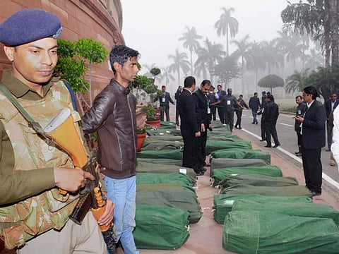 The Budget 2017-18 documents brought in the Parliament House premises. Credit: PIB