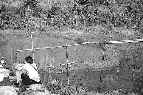 पौधों को सींचने के लिए बांस की नालियों के सहारे सोते और झरनों से पानी लाया जाता है। किक्रुमा में भी यह व्यवस्था है। यह चित्र चेरापूंजी का है, जहाँ एक आदमी बांस की नालियों से आ रहे पानी से कपड़े धो रहा है (अनिल अग्रवाल / सीएसई)