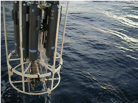 CTD instrument used to make temperature and salinity measurements being deployed  Credit: India Science Wire