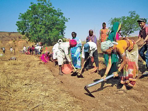 किराकसल गांव में श्रमदान कर जल संचयन संरचनाओं का निर्माण करते ग्रामीण (निधि जामवाल)