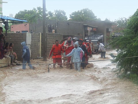 The National Disaster Response Force undertaking evacuation operation in Rajasthan. This is the third consecutive year when the desert state is facing floods (Credit: NDRF)
