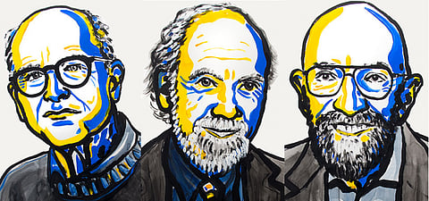 (Left to Right) Rainer Weiss,Barry Barish and Kip Thorne (Credit: Nobel Media)