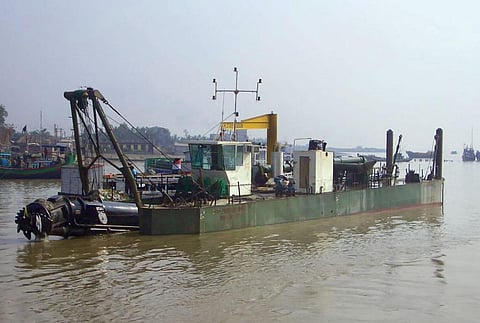 Dredging is undertaken to dig out excessive silt from the riverbed. Large vessels called dredgers (left) are used (Source: nrsc.gov.in)