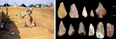 Excavation site in Tamil Nadu (Left) and Stone tools found by Indian scientists (Right). Credit: India Science Wire