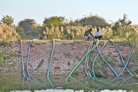 Farmers at Kumbharia village in Morbi siphon canal water and store in low-lying areas to ensure last rounds of irrigation to their rabi crops (Photos: jitendra)