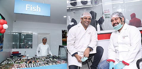 (Left) Nishanth Chandran, proprietor of TenderCuts.  Vivek Gupta  and Abhay Hanjura inside the Licious production centre lab in Bengaluru (Photo courtesy: Licious and TenderCuts)