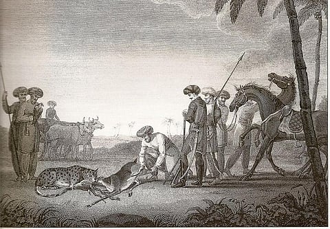 "Hunting of Blackbuck with Cheetah". Drawn by James Forbes in South Gujarat. Oriental Memoirs, Vol. I, 1812. Credit: WIkimedia