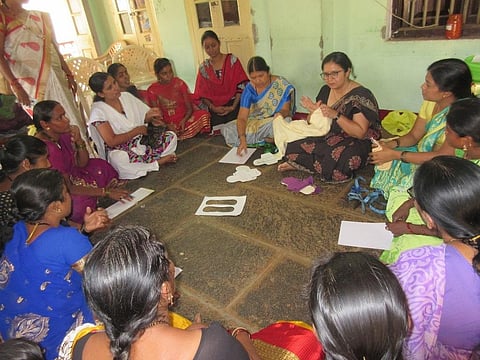 Women attending a training session on making cloth pads in Dharwad. Credit: Girija Meti/Swayam Deep