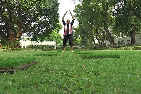 A screenshot of a video of PM Narendra Modi working out uploaded on social media platforms. Credit: Narendra Modi/Twitter