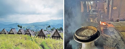 After harvest, dried stalks of rice are stacked in huts, called leuit, where they can be stored for decades; The Ciptagelar people use traditional cookware to steam the rice on an open wood fire (Photo: Nadine Freischlad)
