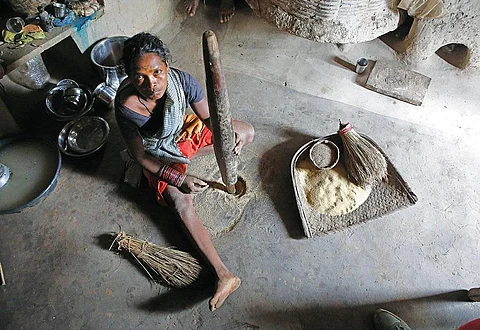 मध्य प्रदेश के डिंडौरी जिले की शिल्पड़ी गांव में बैगा जनजाति की एक महिला मूसर से सिकिया अनाज कूटती हुई (फोटो: विकास चौधरी / सीएसई)
