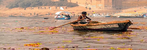 A boatman rowing in River Ganga in Allahabad. Credit: Avikal Somvanshi