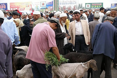 Uyghur men at a livestock market in Kashgar, Xinjiang Credit: Wikimedia Commons