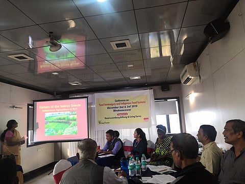 Participants at the Conference on Food Sovereignty and Indigenous Food Systems, organised by Living farms, Odisha and Rosa Luxemburg Stiftung (RLS), Germany in Bhubaneswar on December 2. Credit: Meenakshi Sushma
