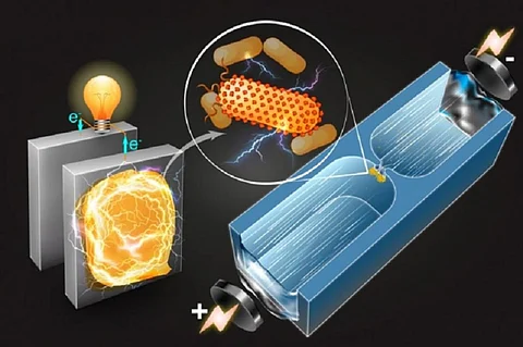 A diagram describing how microfluidic technique sorts bacteria based on their capability to generate electricity. Image: Qianru Wang/MIT