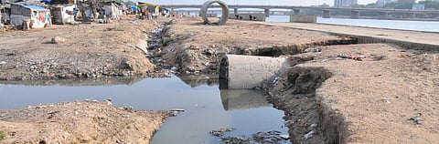 A sewage pipe opens at the banks of river Sabarmati in Ahmedabad. Photo: Meeta Ahlawat