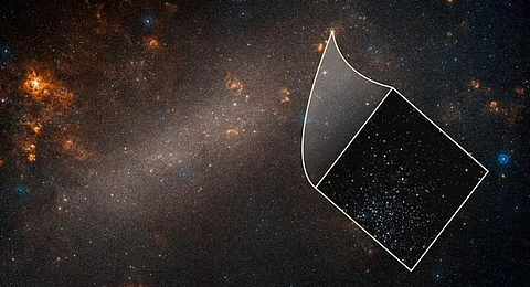 This is a ground-based telescope's view of the Large Magellanic Cloud, a satellite galaxy of our Milky Way. The inset image, taken by the Hubble Space Telescope, reveals one of many star clusters scattered throughout the dwarf galaxy. Photo: NASA