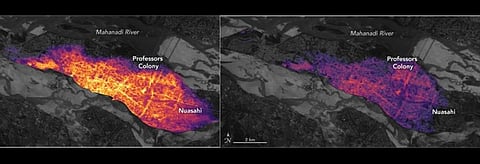 NASA Earth Observatory images, which use the land science of Visible Infrared Imaging Radiometer Suite on the Suomi NPP satellite, show lights in Bhubaneswar and Cuttack on April 30 (before Cyclone Fani) and on May 5 (two days later). Image: NASA
