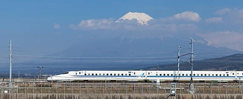 View of Mt Fuji and Tokaido Shinkansen (Bullet Train) in Japan. Photo: Getty Images