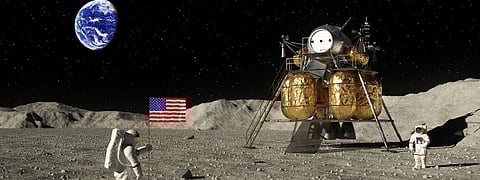 An illustration based on the first human landing on the Moon by US astronauts, Neil Armstrong and Buzz Aldrin. Photo: Getty Images