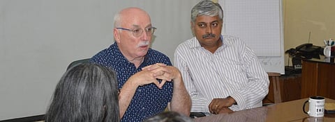 IFAW CEO Azzedine  Downes addresses a meeting with WTI's Vivek Menon. Photo: Ayushman Singh/WTI