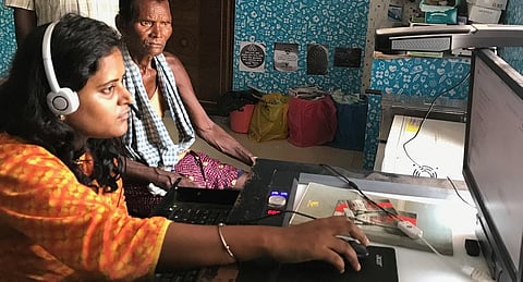 The ANM at the dispensary feeds in the patients’ symptoms into the software based on which the system connects to the best available doctor online at the time. Photo: Chinmayi Shalya