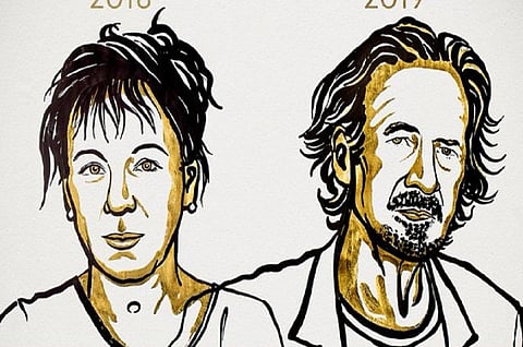 2018 के साहित्य के नोबेल पुरस्कार विजेता ओल्गा और 2019 के विजेता पीटर हैंडके। फोटो: @NobelPrize