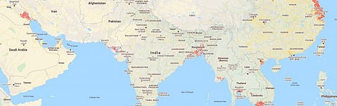 Climate Central's map showing which areas of Asia could disappear under the sea, marked in red