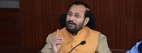 Forest minister Javadekar addresses reporters. Photo: @PrakashJavdekar/Twitter