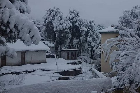 हिमाचल प्रदेश के पिऊ इलाके में मौसम की पहली बर्फबारी का दृश्य। फोटो: twitter/@ITBP_official