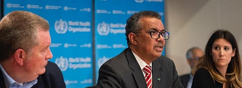 WHO director general Tedros A Ghebreysus addressing the meeting where the body declared the COVID-19 outbreak to be a pandemic. Photo: WHO Twitter handle
