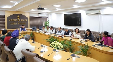 Union Health Minister Harsh Vardhan addresses a meeting in his office. Photo: Harsh Vardhan's Twitter Handle