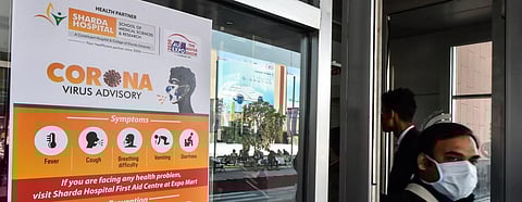 A novel coronavirus warning board at India Expo Mart, Greater Noida, Uttar Pradesh during Auto Expo 2020 Photo: Vikas Choudhary