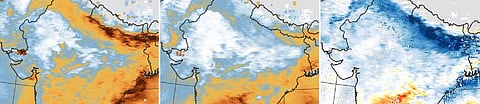 Average aerosol optical depth measurements in north India (from left to right: Levels above 0.75 in several areas of north India in 2019, decrease when lockdown was announced in 2020 and levels showing an ‘anomaly’ in April 2020)