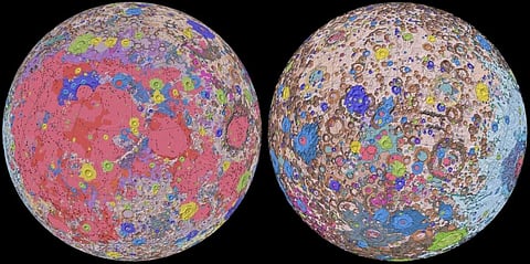 The moon as seen in the digital geological map made by the US Geological Survey. Photo: @cbquist / Twitter