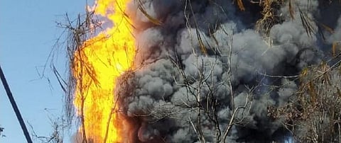 The Baghjan 5 oil well caught fire at 2 pm on June 9, 2020. Photo: Vivek Menon / Twitter