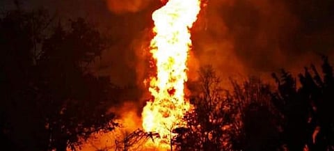 A blowout and subsequently, a massive fire happened at the Baghjan well owned by OIL India Ltd in May and June. Photo: @kapil_agarwal27 / Twitter