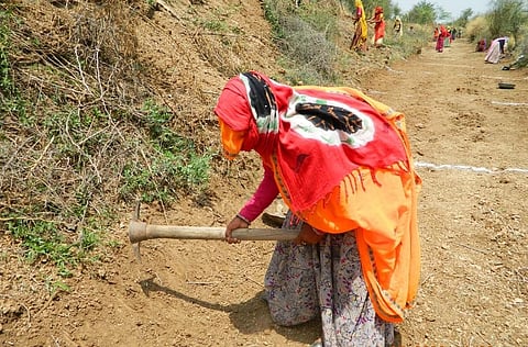 राजस्थान के एक गांव में मनरेगा के तहत काम करती एक महिला। फोटो: अनिल अश्वनी शर्मा