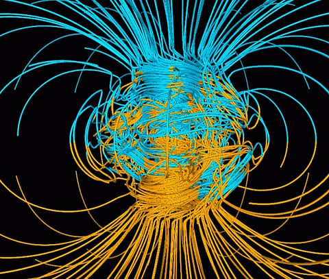 A computer simulation of the Earth’s magnetic field, which is generated by heat transfer in the Earth’s core. Photo: NASA / Gary A Glatzmaier