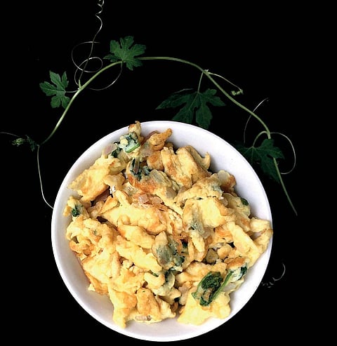 Bitter gourd leaves can be prepared in a number of ways. Here, it has been included in scrambled eggs (Photograph: Vibha Varshney)