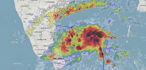This map shows the tentative path taken by Cyclone Nivar in the Bay of Bengal. It is expected to make landfall between Mahabalipuram and Karaikal. Photo: @ImAssassin7 / Twitter