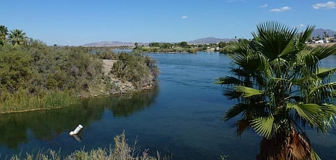 The Colorado river forming the state border between Arizona and California in the United States. The river basin provides water to 40 million people. It is exploited so extensively in the US that the lower 160 km of the river has rarely reached the Sea of Cortez in Mexico since the 1960s. Photo: Wikimedia Commons