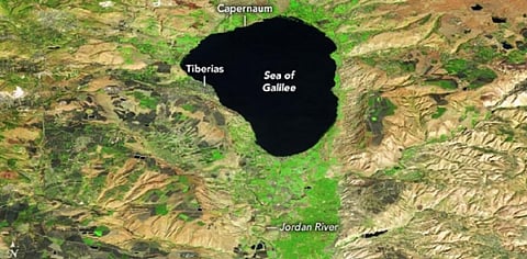 The satellite image of the brimming Sea of Galilee in northern Israel shot by the National Aeronautics and Space Administration