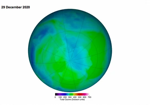 False colour view of the total ozone over the Antarctic pole. Photo: Ozone Hole Watch, NASA